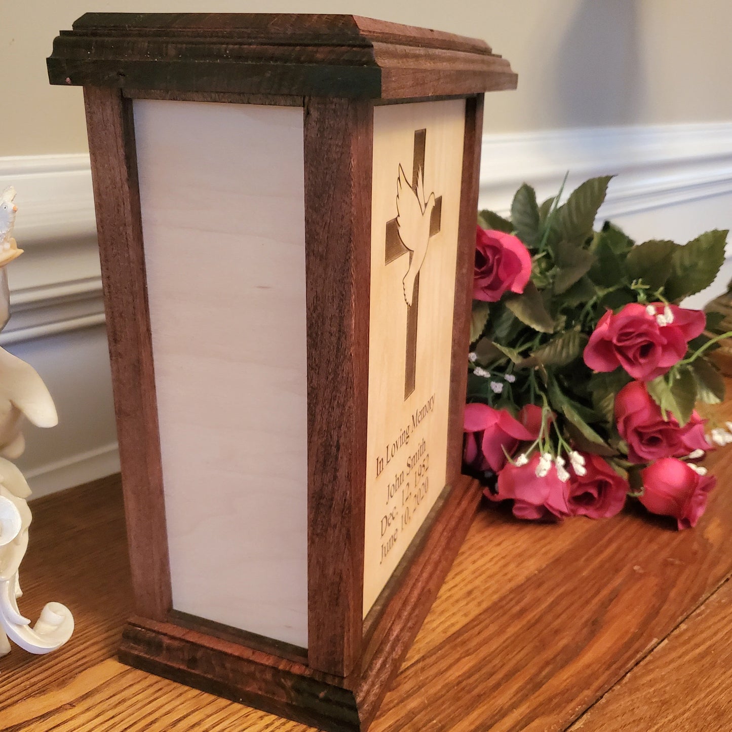 Dove and Cross Wood Box Cremation Urn