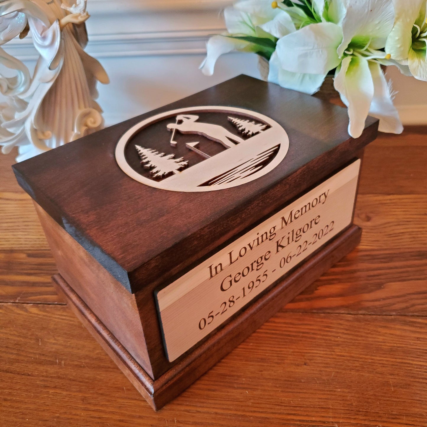 Golf Theme Cremation Wood Urn Box, Personalized Handcrafted Keepsake Box for Cremains