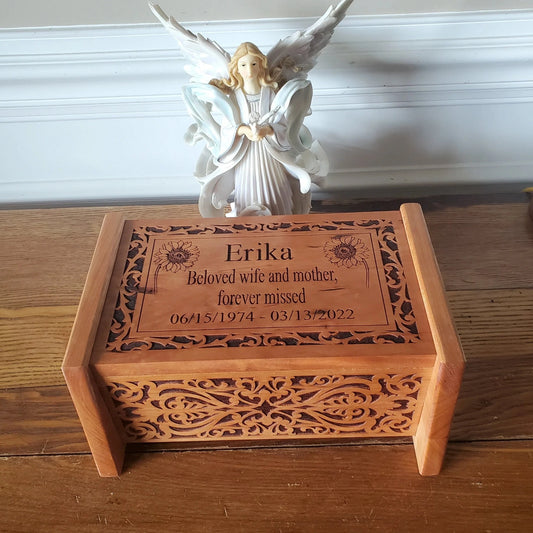 Personalized Sunflower Cremation Urn for Human Ashes, Handcrafted Wood Box