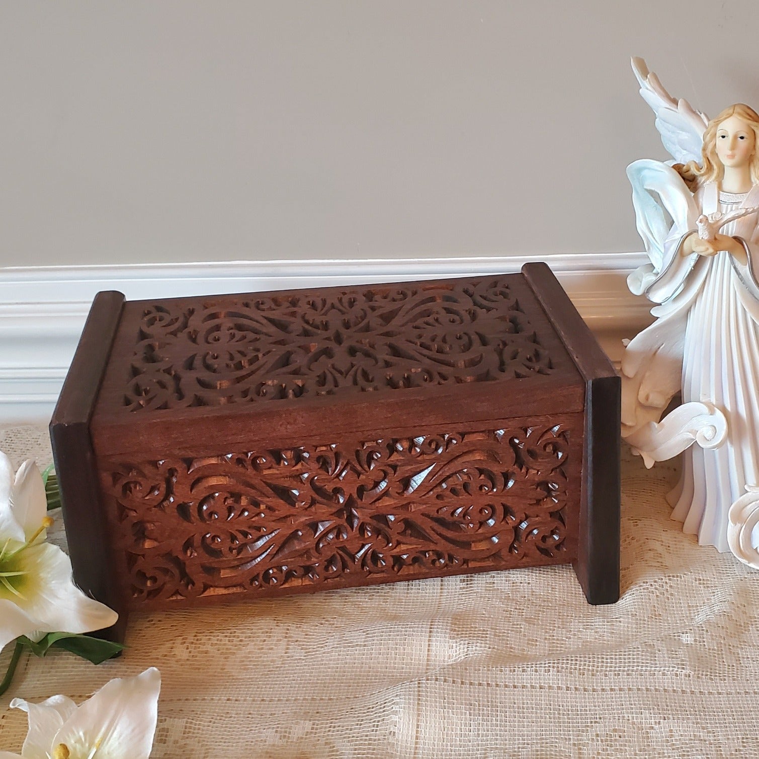 Hickory, curly cherry wooden outlet cremation box with leather hinges