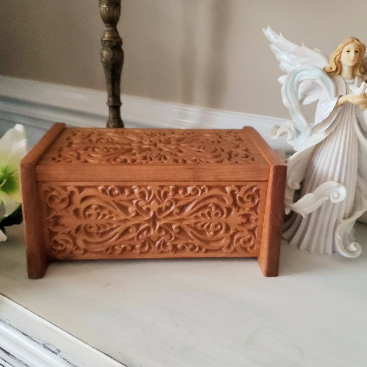 Urns for Human Ashes Handcrafted from Cherry Wood, Elegant Carved Box For Cremation Ashes Adult Light Finish