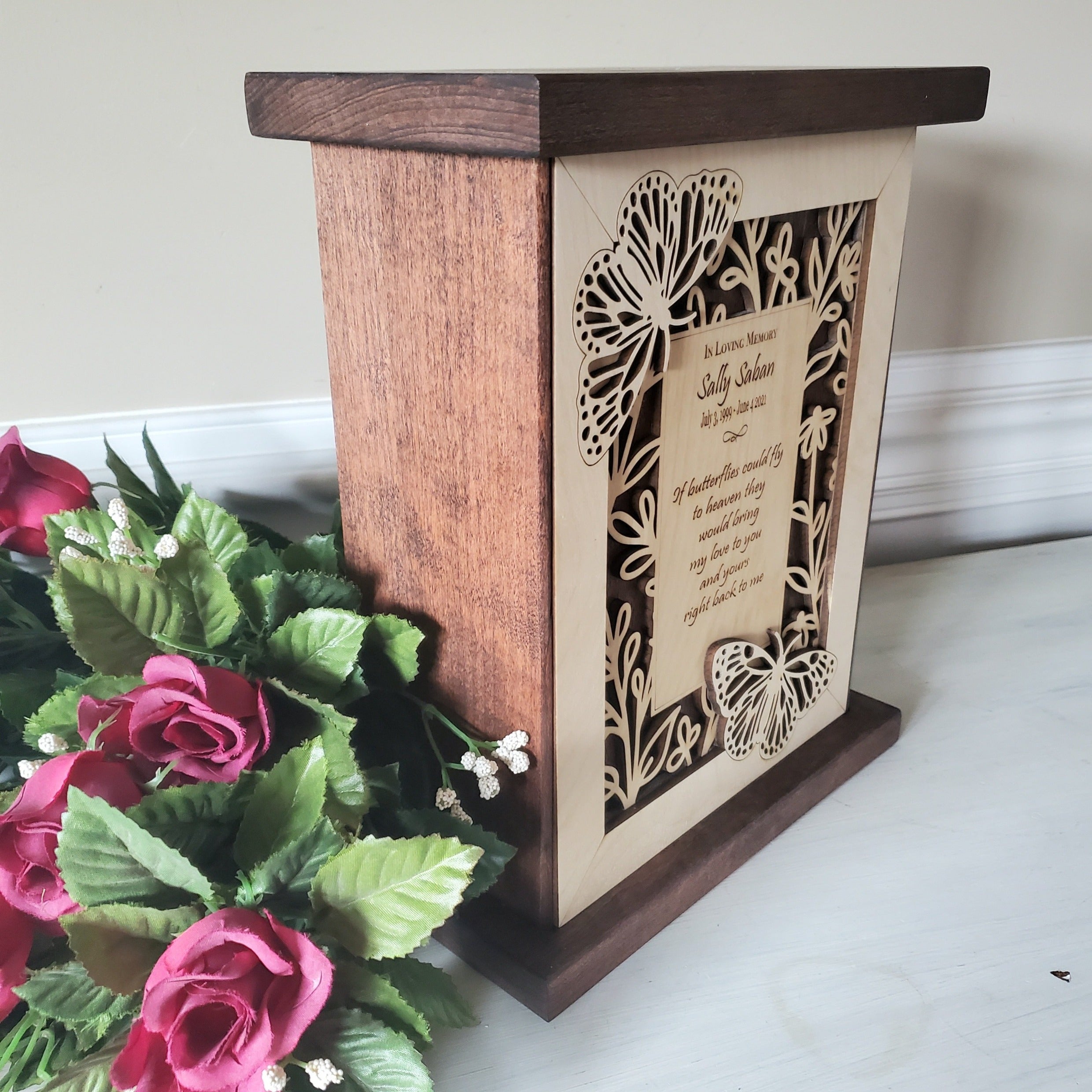 Butterfly Cremation Urn for Adult Human Ashes, Burial Wood Box