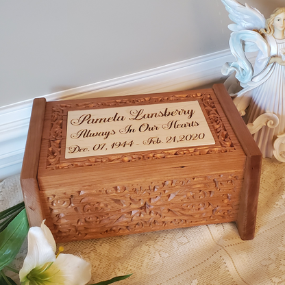 Cremation urn box made of solid cherry, carved and personalized 