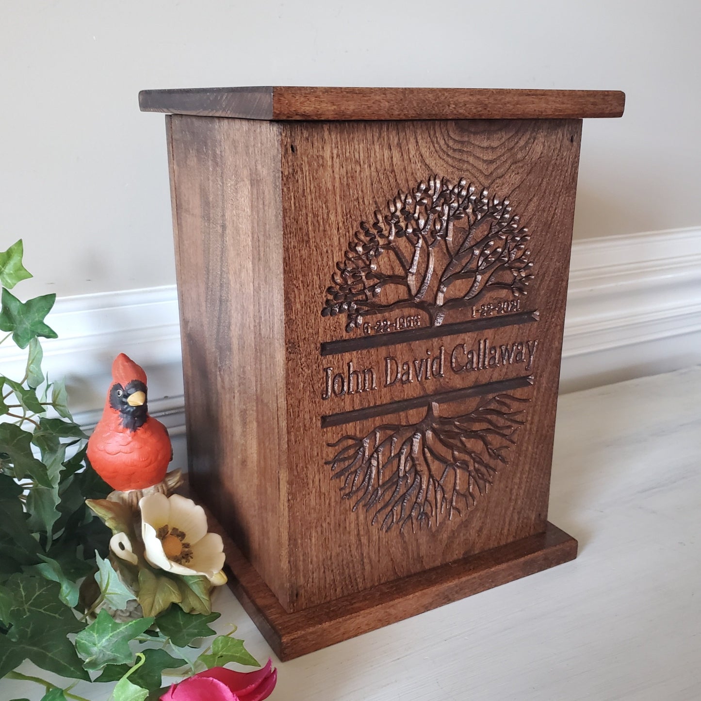 Carved wood Cremation box 