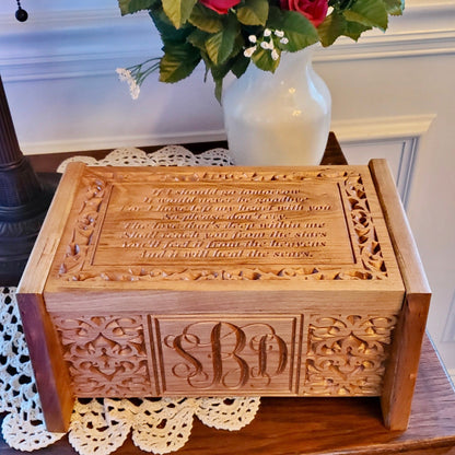 Handcrafted Personalized Cherry Wood Cremation Urn with Carved Poem and Monogram