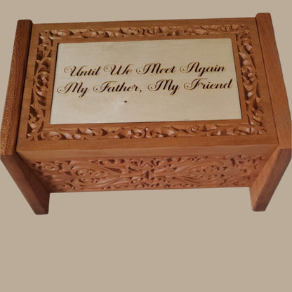 Handcrafted wood urn box, personalized and carved cherry wood