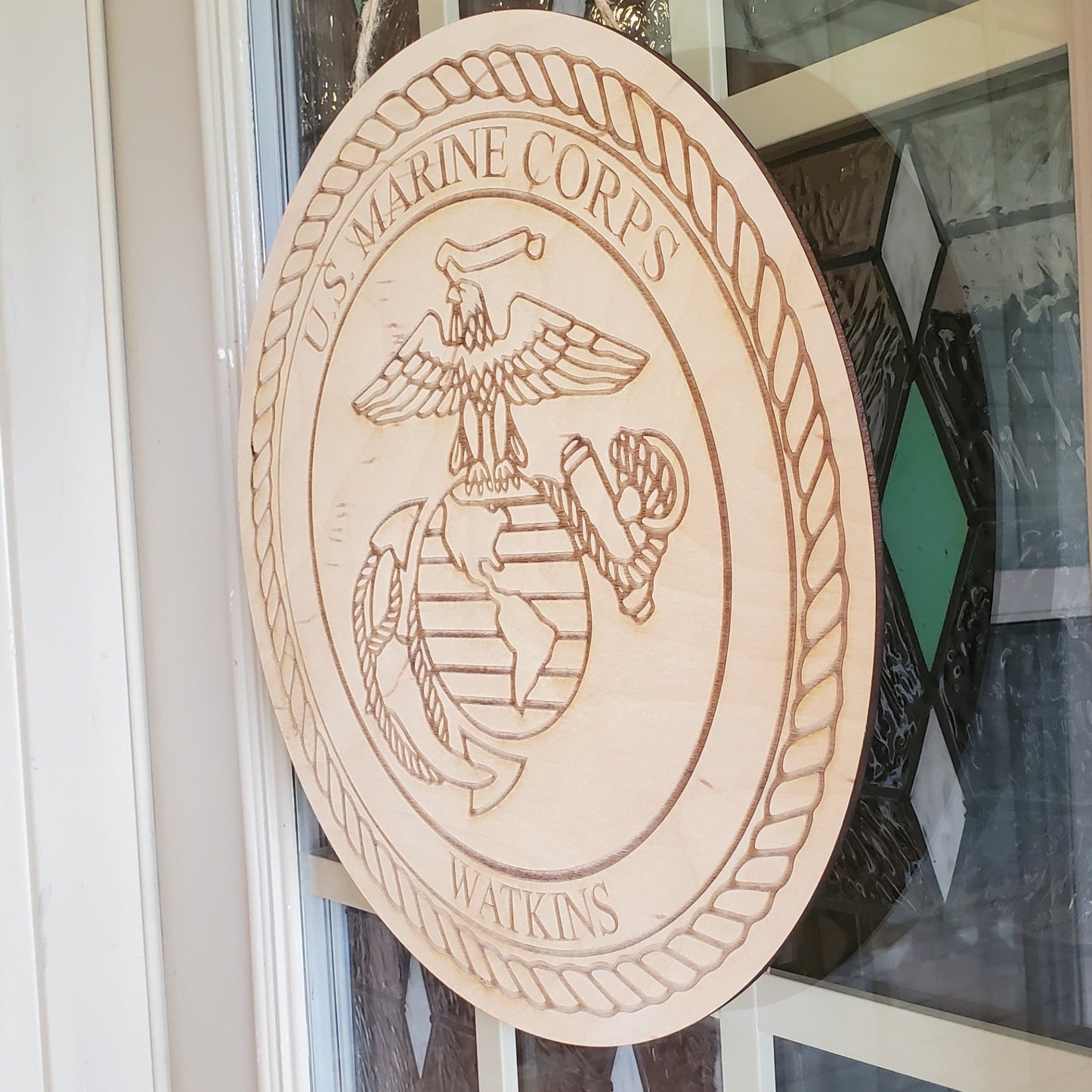 Wooden laser marine corps sign
