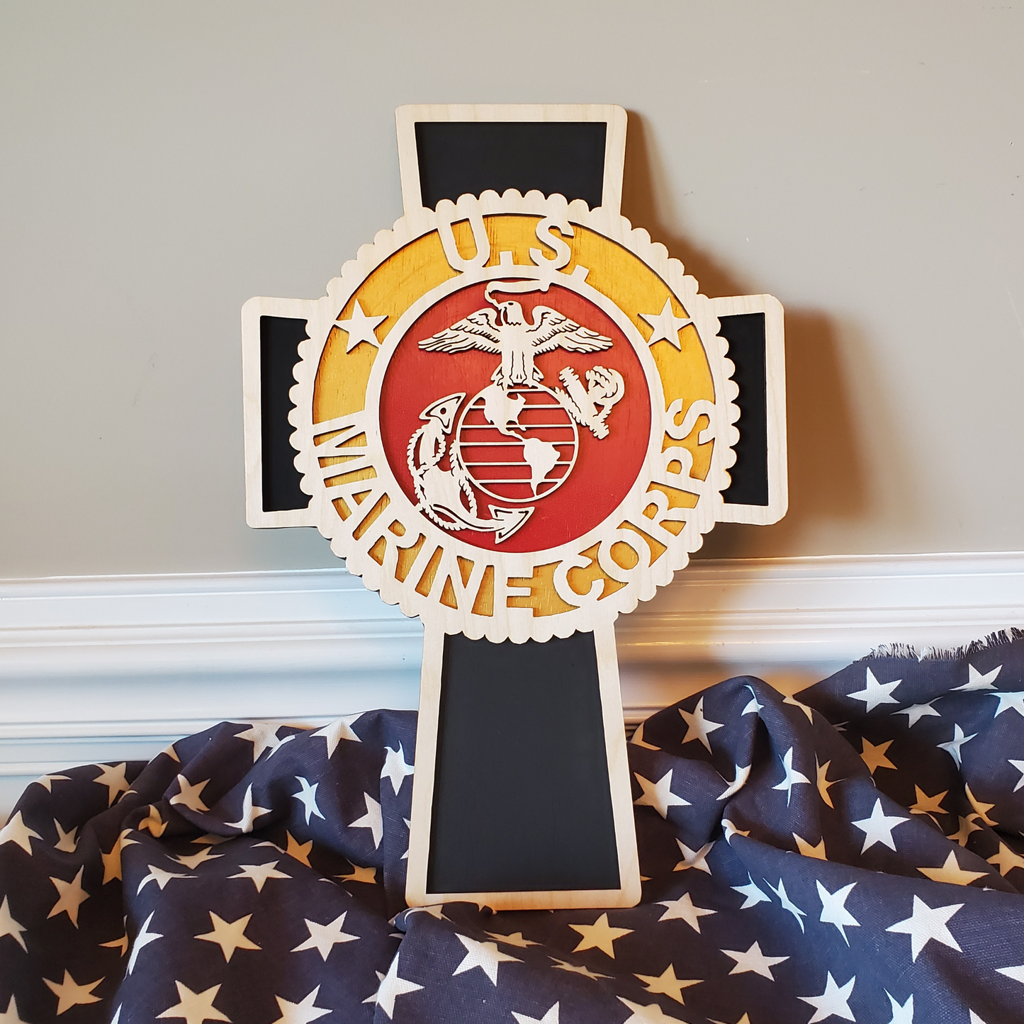 USMC Cross Wall Hanging with EGA Made of Wood, Gift For Active Service Member or Veteran