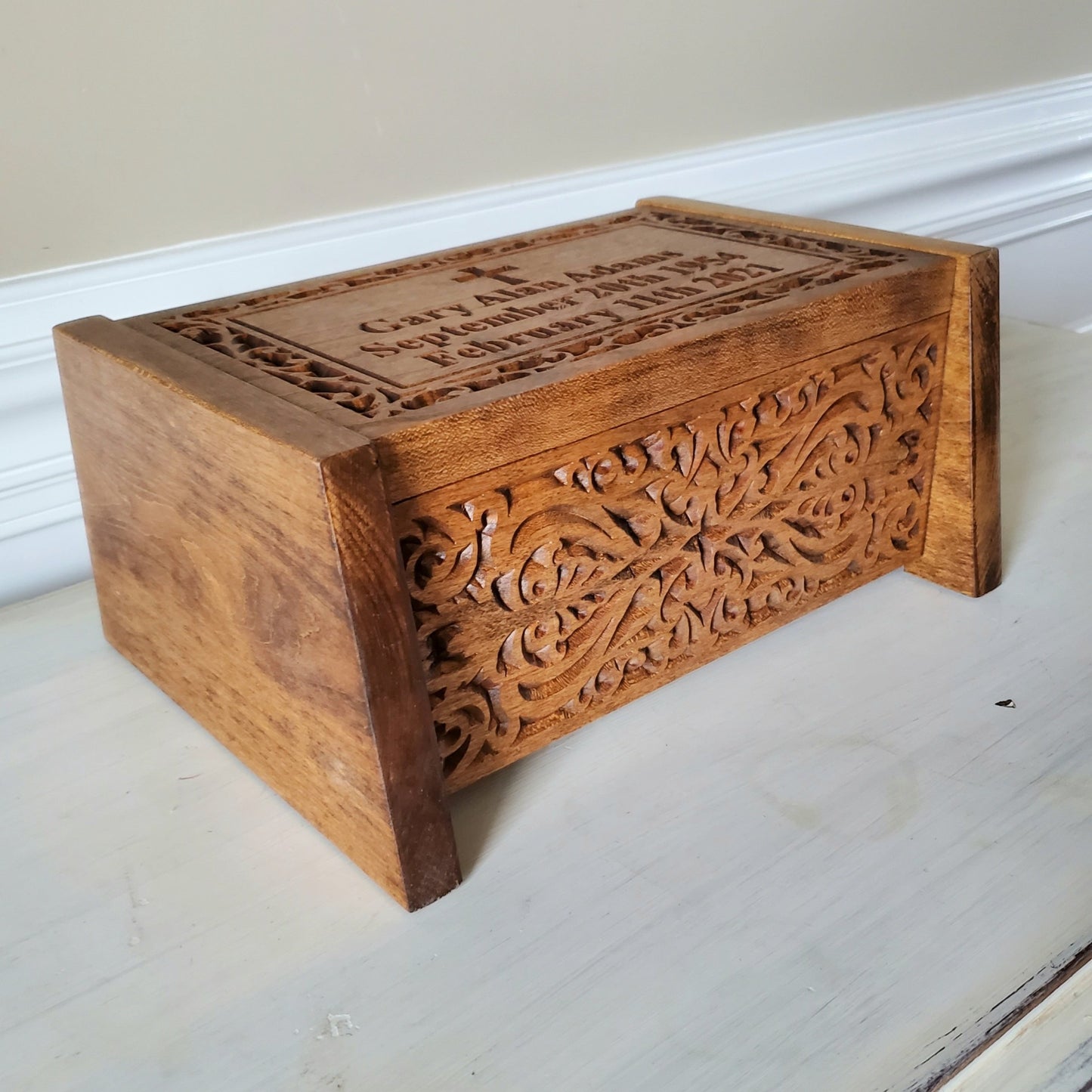 personalized wooden urn with cross