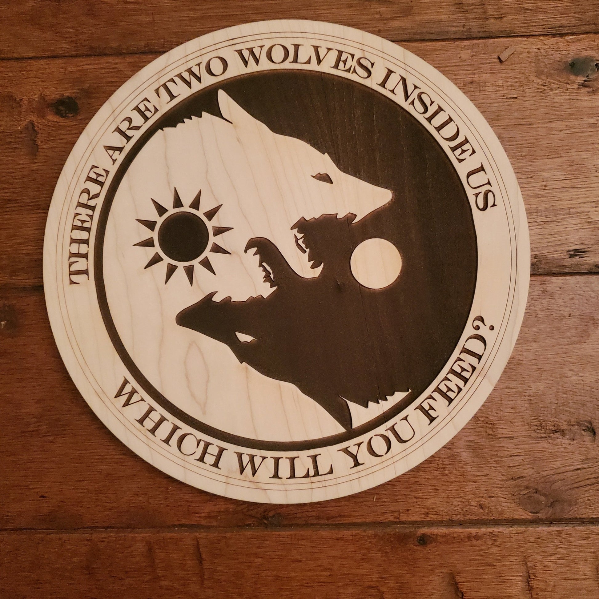 engraved wolf wall hanging