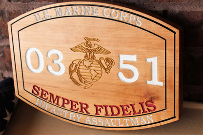 Marine Corps Carved MOS Plaque with painted letters, USMC Wall Art, Gift For The Marine