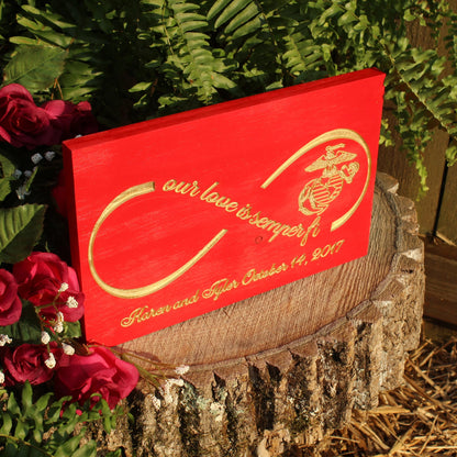 Our Love Is Semper Fi , Carved Wood Sign, Personalized Infinity Circle