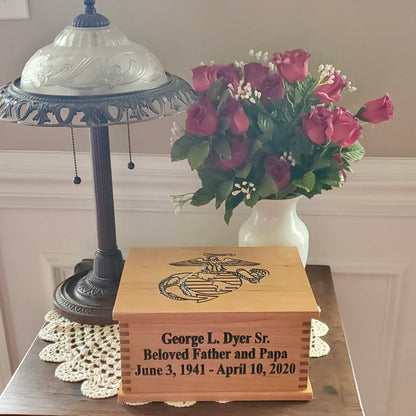 Marine Corps Urn, Wooden Box Cremation Urn for Human Ashes, Military Burial Urn