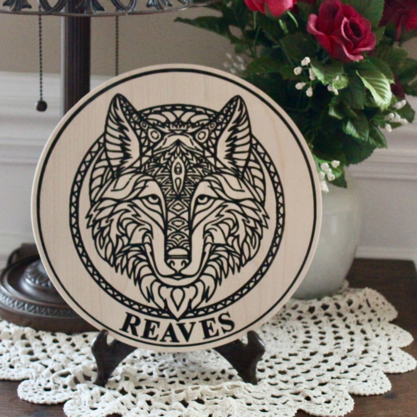 Tribal Wolf Carved Personalized Last Name Sign Made of Solid Wood