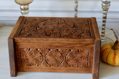 Handcrafted Solid Cherry Wood Cremation Urn Box showing carved details