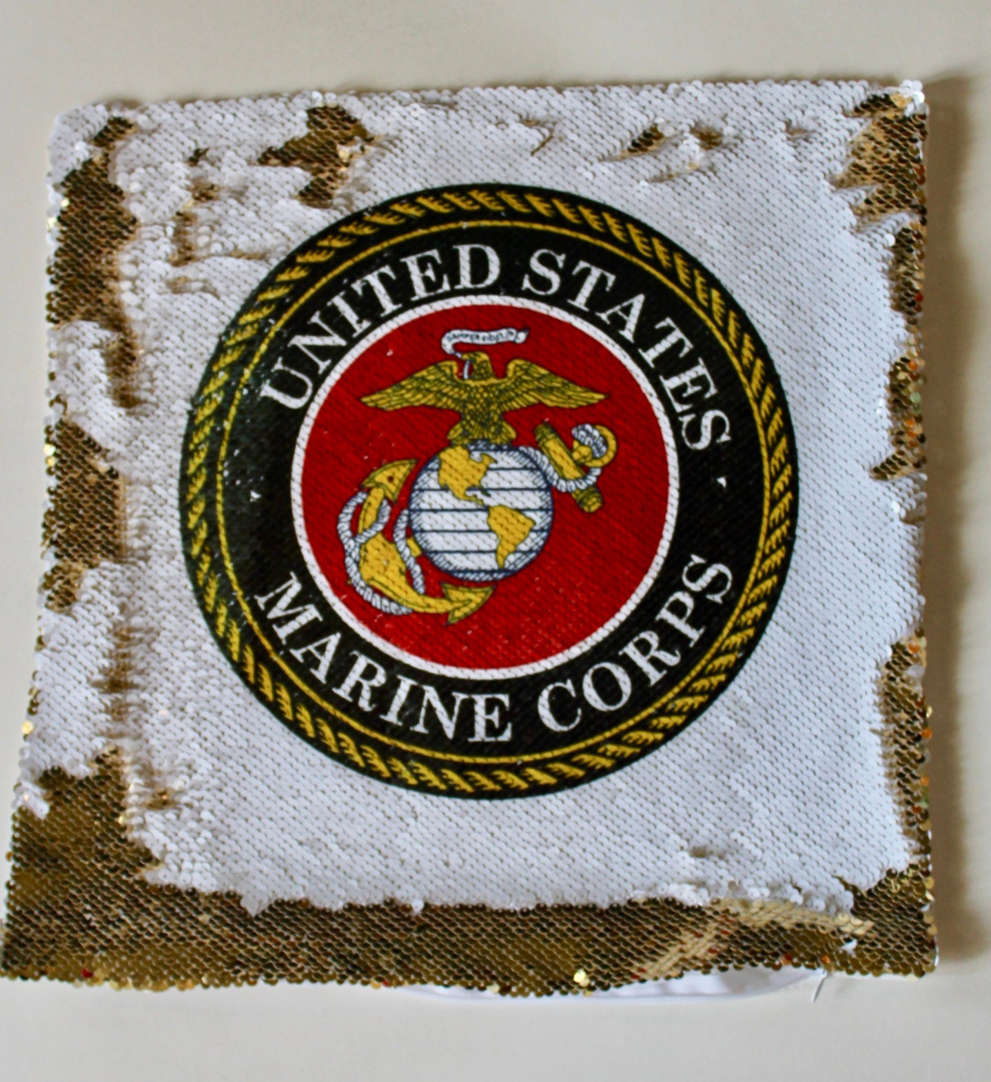 Marine Corps Sequin Pillow - Gold and White - USMC Pillow - Gift For Military